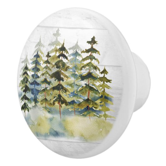 mistig groen dennenbos Waterverf wit hout Keramische Knop (Rechts)