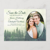 mistig groene dennenbomen ovale foto opslaan van d aankondigingskaart (Voorkant)