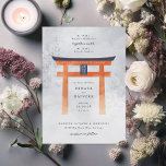 mistig japans torii poort romantische bruiloft kaart<br><div class="desc">Geïllustreerde torii poort in mist omgeven door pijnbomen</div>