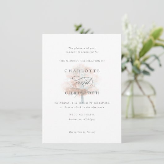 Mistige boom bruiloft uitnodiging (Staand voorkant)