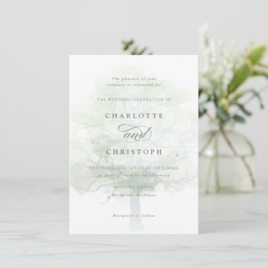 Mistige boom bruiloft uitnodiging (Staand voorkant)