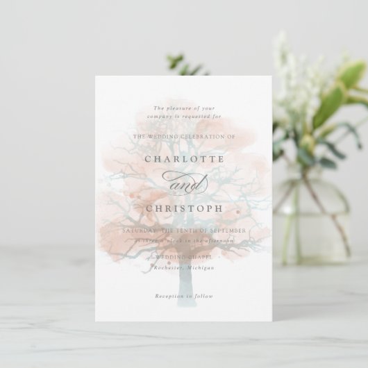 Mistige boom bruiloft uitnodiging (Staand voorkant)