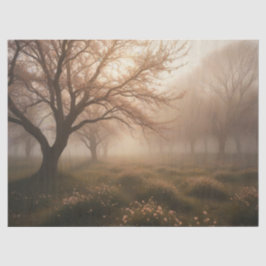 Mistige boomgaard in het voorjaar tissuepapier