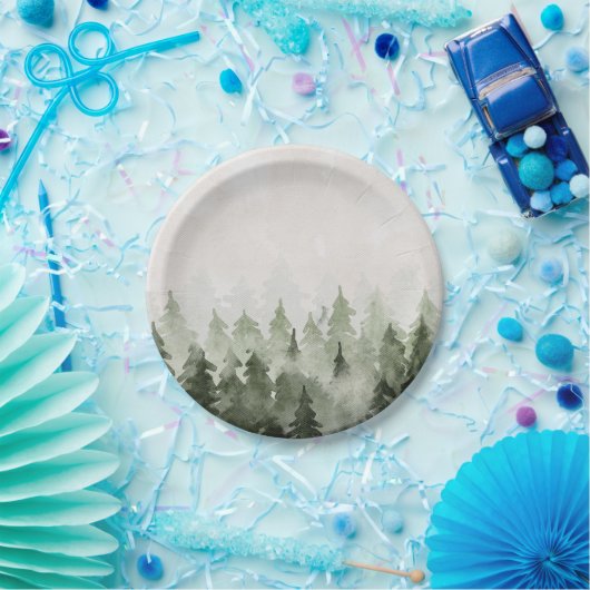 mistige dennenbomen papieren bordje (Feest)