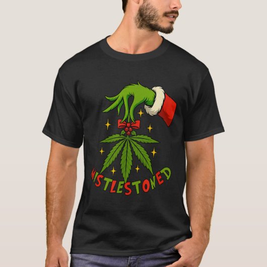 Mistlestoned Weed Leaf Funny Stoner Christmas T-shirt (Voorkant)