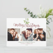 Mistletoe 3-fotoparen met prettig kerstscript feestdagenkaart (Staand voorkant)