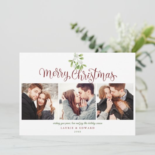 Mistletoe 3-fotoparen met prettig kerstscript feestdagenkaart (Staand voorkant)