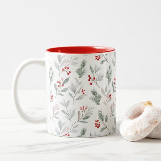 Mistletoe and Holly Berries Pattern Tweekleurige Koffiemok (Met donut)