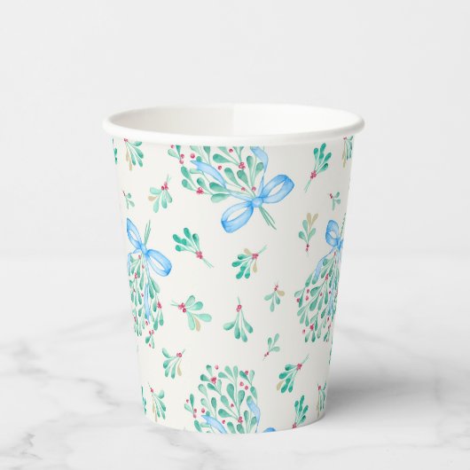Mistletoe Blue Bow Baby shower Cups Papieren Bekers (Links)