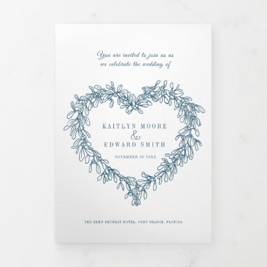 Mistletoe blue white bruiloft, optie RSVP Drieluik Uitnodiging (Cover)
