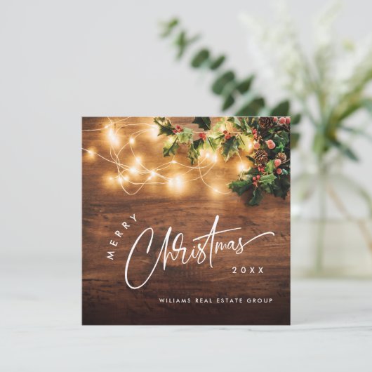 Mistletoe Branch Rustiek Corporate Christmas Wood Feestdagenkaart (Staand voorkant)