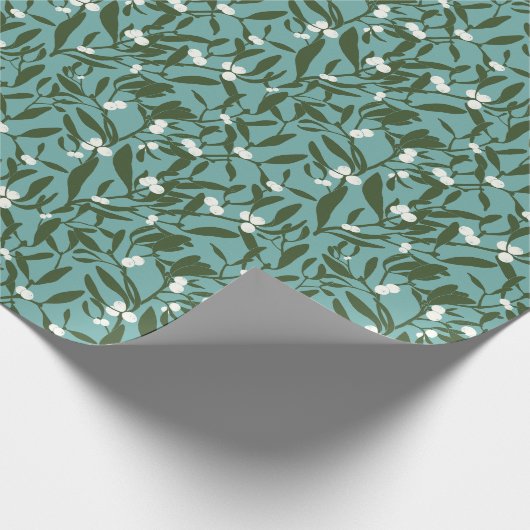 Mistletoe Branches Op Eerste Kerstdag-Blauw En Gro Cadeaupapier (Hoek)