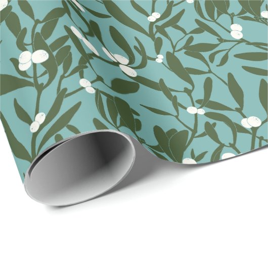Mistletoe Branches Op Eerste Kerstdag-Blauw En Gro Cadeaupapier (Rol Hoek)