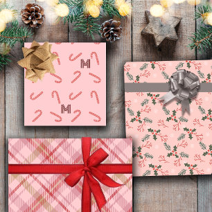 Mistletoe Candy Canes Plaid Custom Monogram Roze Inpakpapier Vel
