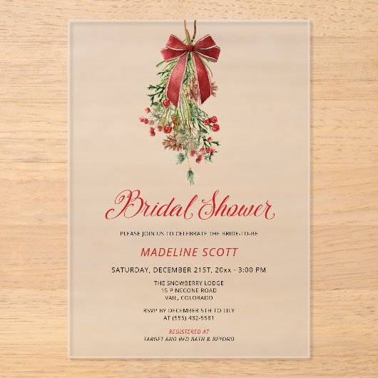 Mistletoe Christmas Winter Bridal Shower Acryl Uitnodigingen (Voorkant)