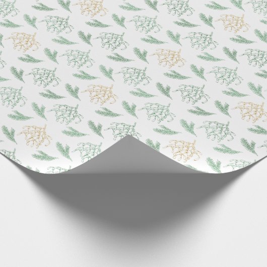 Mistletoe en Pine Groen en Goud Kleur Kerstmis Cadeaupapier (Hoek)