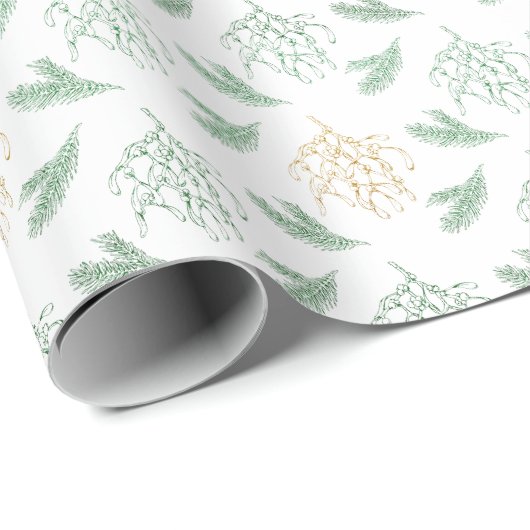 Mistletoe en Pine Groen en Goud Kleur Kerstmis Cadeaupapier (Rol Hoek)