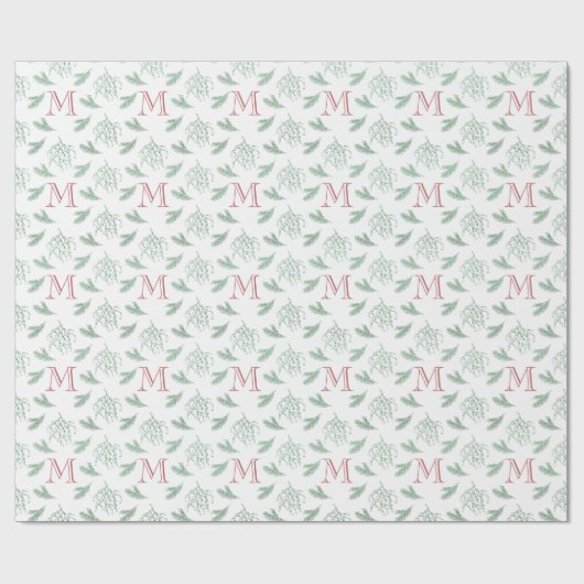 Mistletoe en Pine met Monogram Kerstrood Cadeaupapier (Vlak)