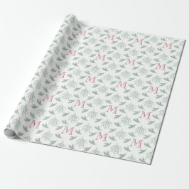 Mistletoe en Pine met Monogram Kerstrood Cadeaupapier