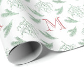 Mistletoe en Pine met Monogram Kerstrood Cadeaupapier (Rol Hoek)