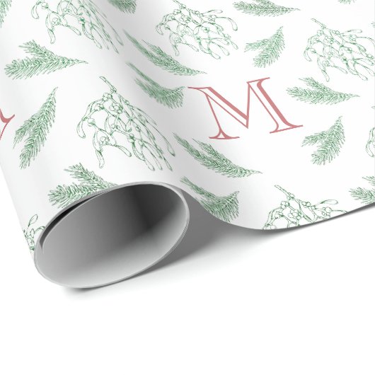 Mistletoe en Pine met Monogram Kerstrood Cadeaupapier (Rol Hoek)