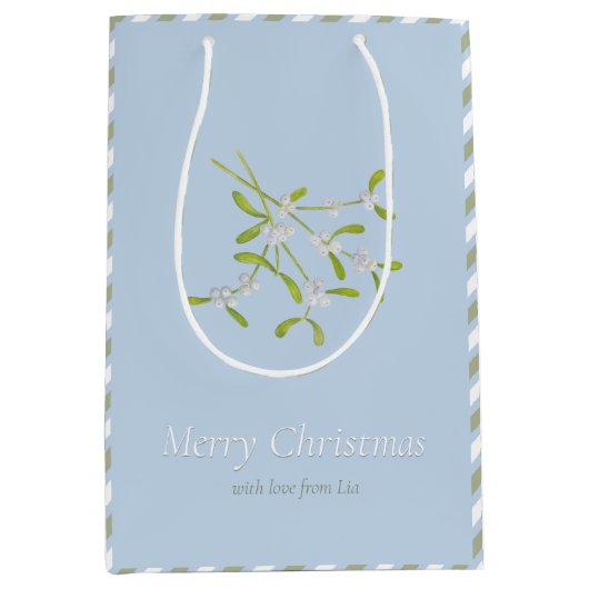 Mistletoe en Stripes Blauw Groene Gift Bag Medium Cadeauzakje (Voorkant)