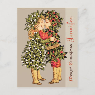 Mistletoe girl and holly boy kiss CC0781 Christmas Feestdagenkaart