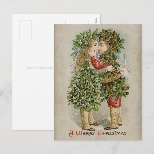 Mistletoe girl en heilige jongen kus CC0784 Kerstm Feestdagenkaart (Voorkant / Achterkant)