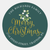 Mistletoe Gold Merry kerst Return-adres Ronde Sticker (Voorkant)