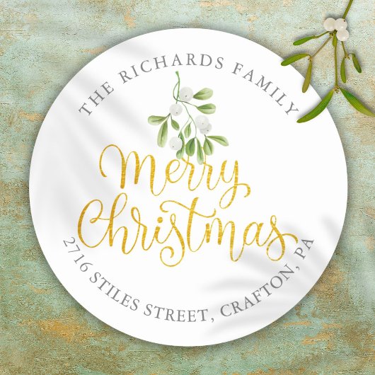 Mistletoe Gold Merry kerst Return-adres Ronde Sticker