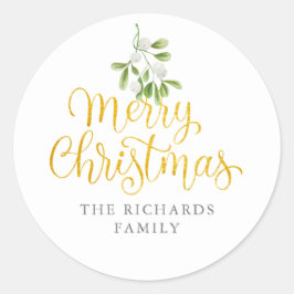 Mistletoe Gold Script Merry Christmas Familienaam Ronde Sticker