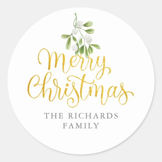 Mistletoe Gold Script Merry Christmas Familienaam Ronde Sticker (Voorkant)