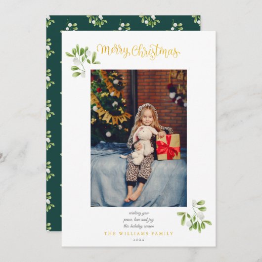 Mistletoe Gold Script Merry-kerstfoto Feestdagenkaart (Voorkant / Achterkant)