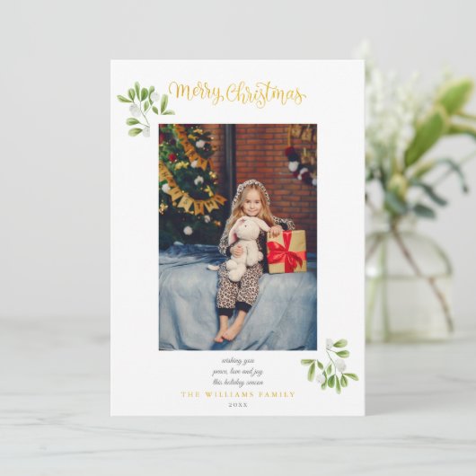Mistletoe Gold Script Merry-kerstfoto Feestdagenkaart (Staand voorkant)