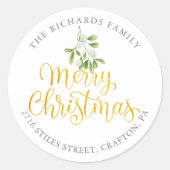 Mistletoe Goud Prettig Kerstmis Retouradres Ronde Sticker (Voorkant)