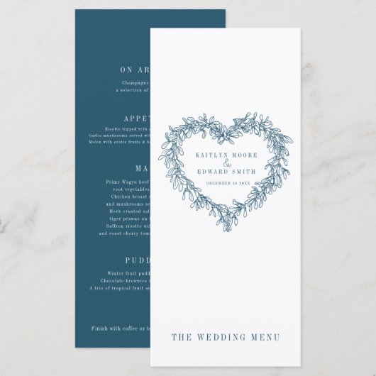 Mistletoe hart blauw wit bruiloft menu (Voorkant / Achterkant)