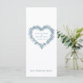 Mistletoe hart blauw wit bruiloft menu (Staand voorkant)