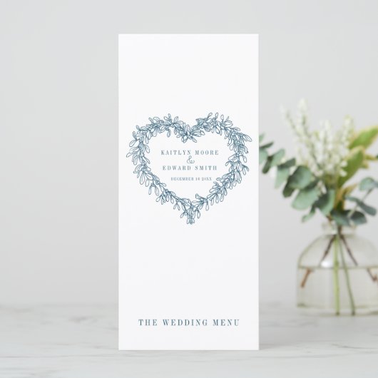 Mistletoe hart blauw wit bruiloft menu (Staand voorkant)