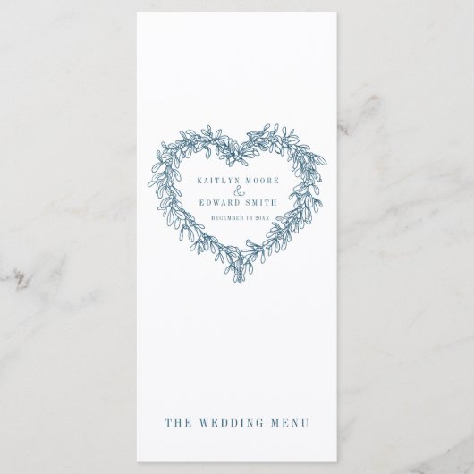 Mistletoe hart blauw wit bruiloft menu (Voorkant)
