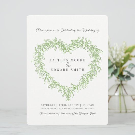 Mistletoe hart lijn art bruiloft groen wit kaart (Staand voorkant)