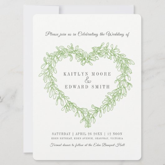 Mistletoe hart lijn art bruiloft groen wit kaart (Voorkant)