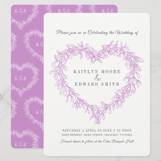 Mistletoe hart lijn art bruiloft paarse wit kaart (Voorkant / Achterkant)