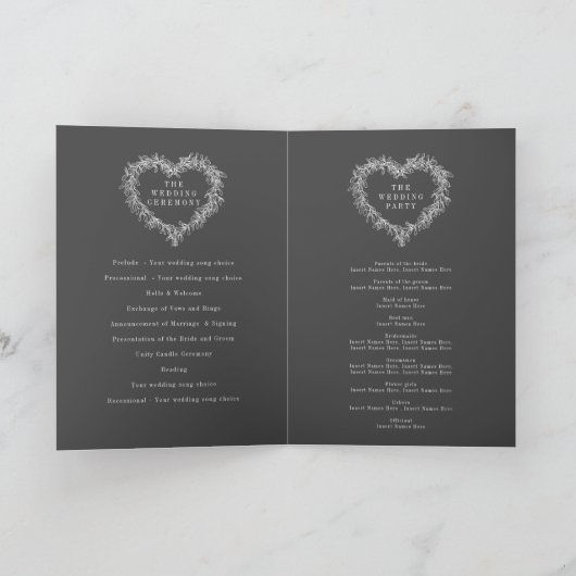 Mistletoe hartkrans wit donkergrijs bruiloft programma (Binnen)