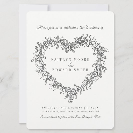 Mistletoe hartlijnkunst bruiloft donkergrijs wit kaart (Voorkant)