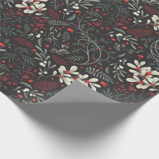  Mistletoe, Holly Leaves, Red Berries  Cadeaupapier (Hoek)