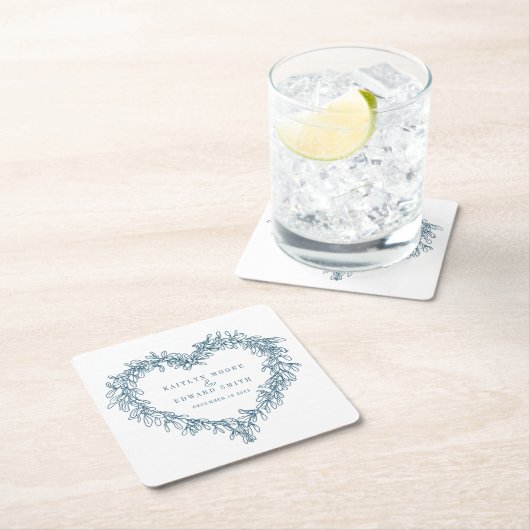 Mistletoe line art blue white winter bruiloft kartonnen onderzetters (Insitu)