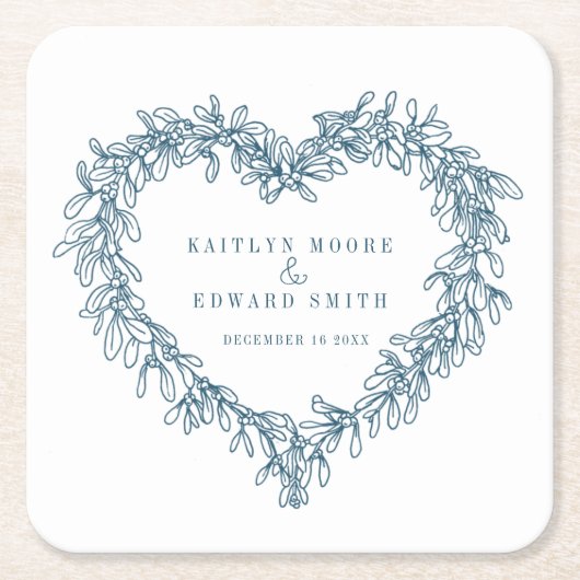 Mistletoe line art blue white winter bruiloft kartonnen onderzetters (Voorkant)