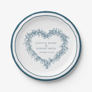 Mistletoe line art blue white winter bruiloft papieren bordje