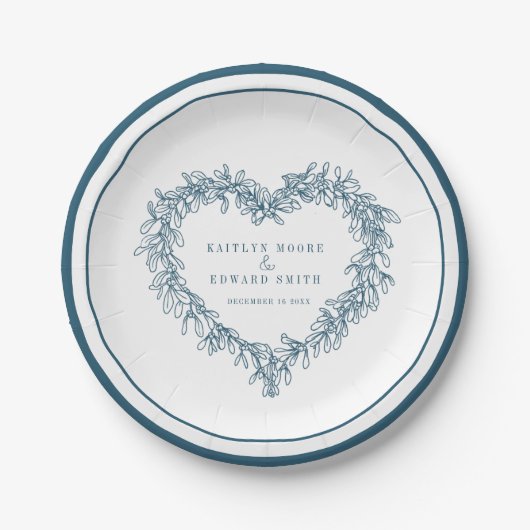Mistletoe line art blue white winter bruiloft papieren bordje (Voorkant)
