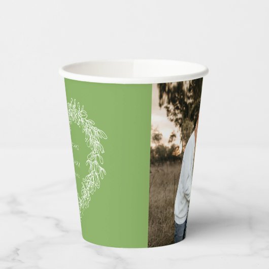 Mistletoe line art green bruiloft aangepaste foto papieren bekers (Links)